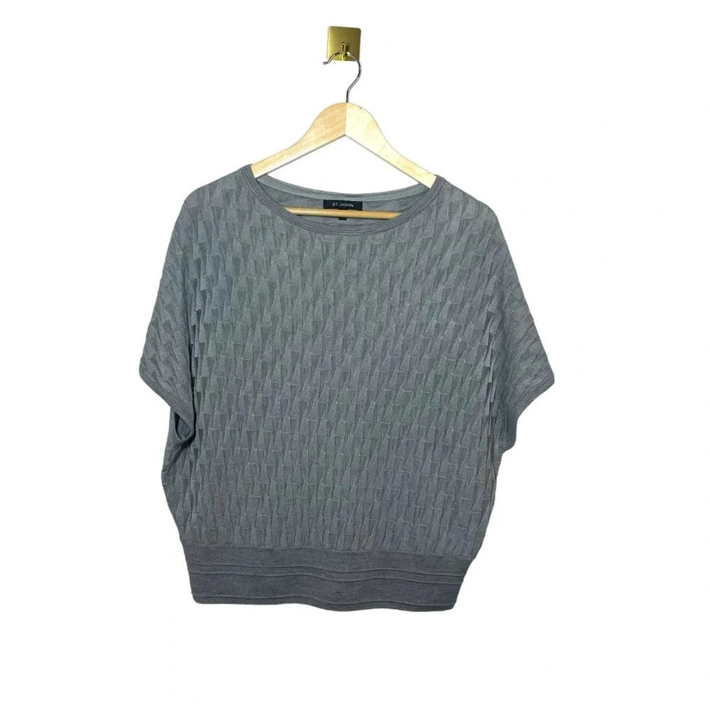 St John Womens S Gray Textured Wool Viscose Knit Short Sleeve Sweater Top